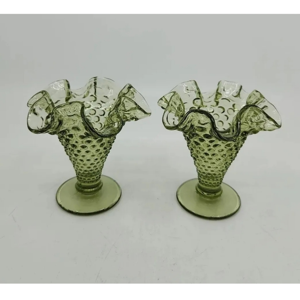 Vintage Fenton Colonial Green Hobnail Trumpet Vases Ruffled Pair Mid Century 4"